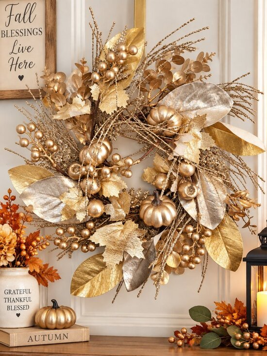 Other - 18" Gold Metallic Fall Pumpkin Berry Wreath Autumn Harvest Door Wall Decor